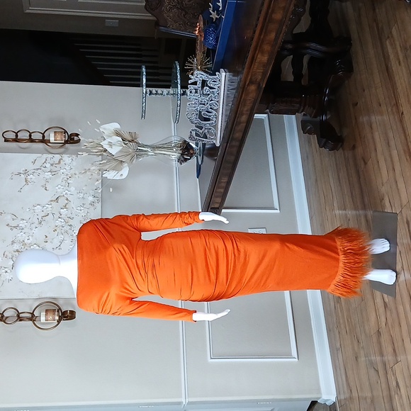Women's Orange Off-Shoulder Furry Hem Maxi Dress. Size S - Picture 10 of 17